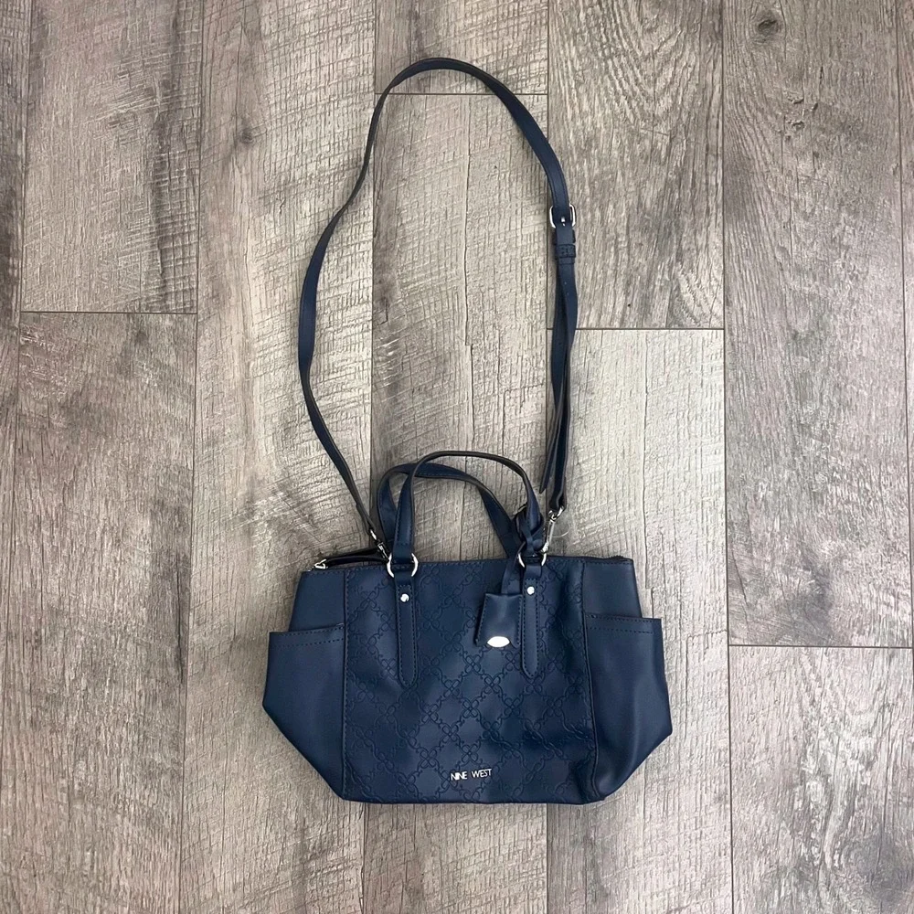 Nine West Navy Blue Embossed Logo Satchel‎ Crossbody Bag Silver Hardware